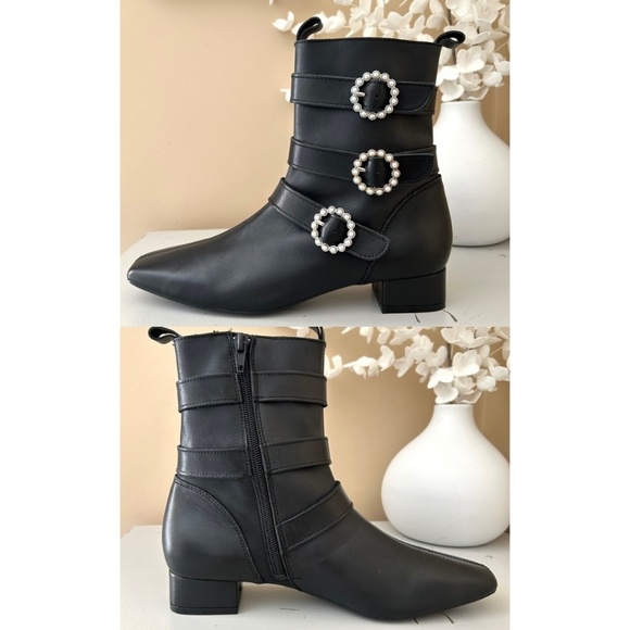 NWT CRUZA Black Leather Pearl Embellished Ankle Booties Made in Portugal Size7.5 - Picture 7 of 16